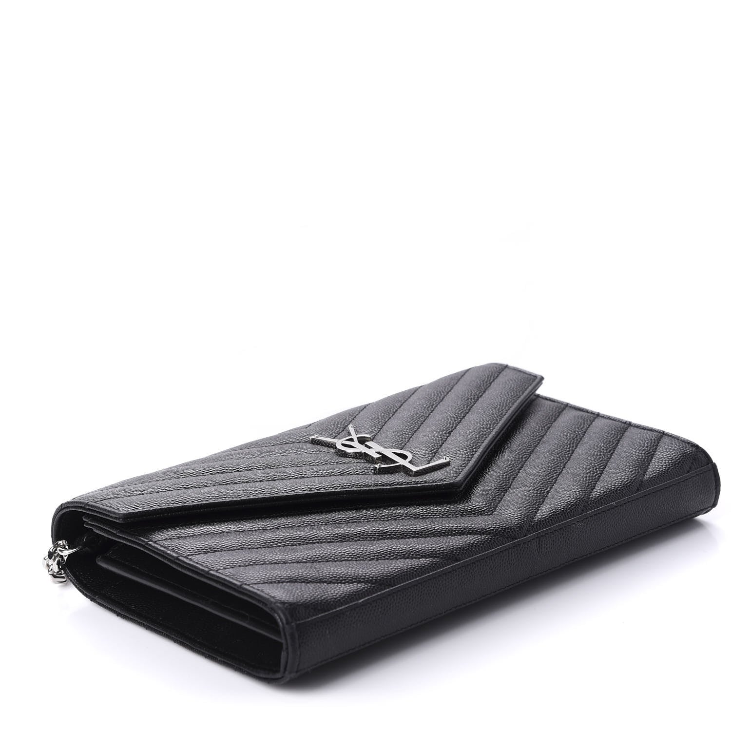 Saint Laurent Grain De Poudre Matelasse Chevron Monogram Chain Wallet Black 4 of 11