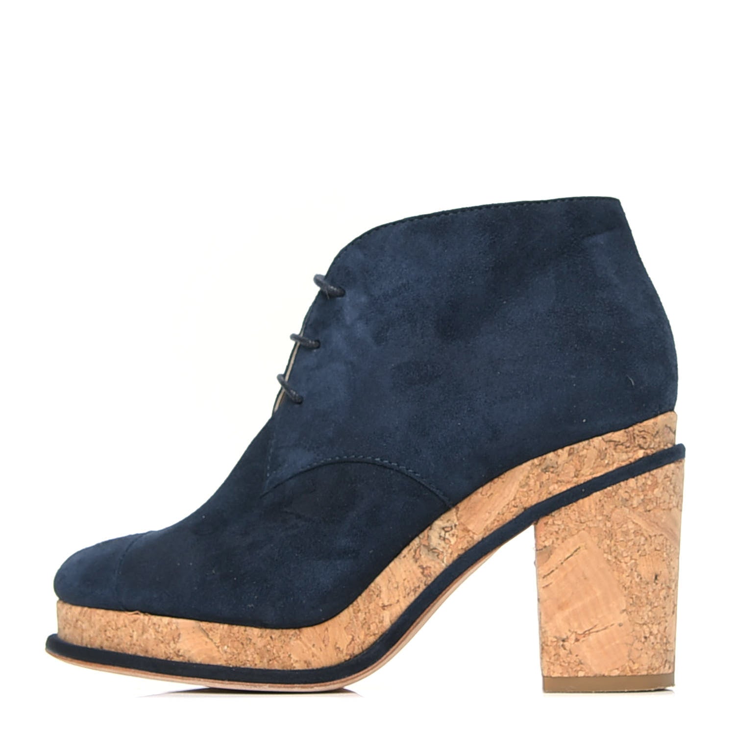 Chanel Suede Cork Lace Up CC Ankle Boots 36.5 Navy 1 of 4