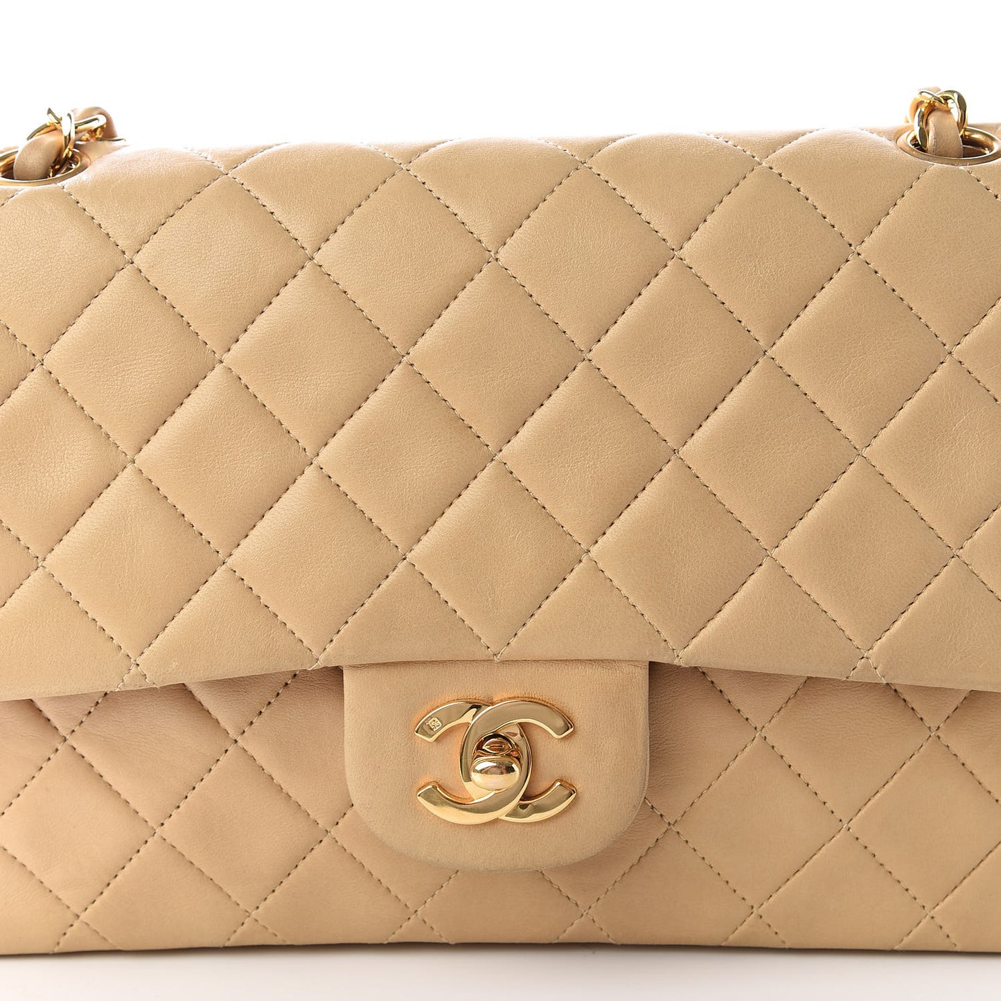 Lambskin Quilted Medium Double Flap Beige