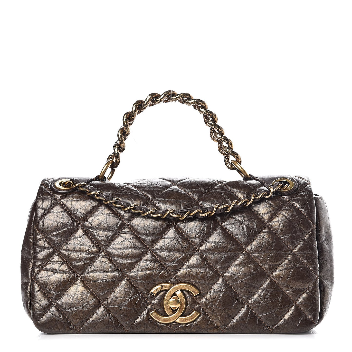 Metallic Aged Calfskin Quilted Medium Pondichery Flap Bronze