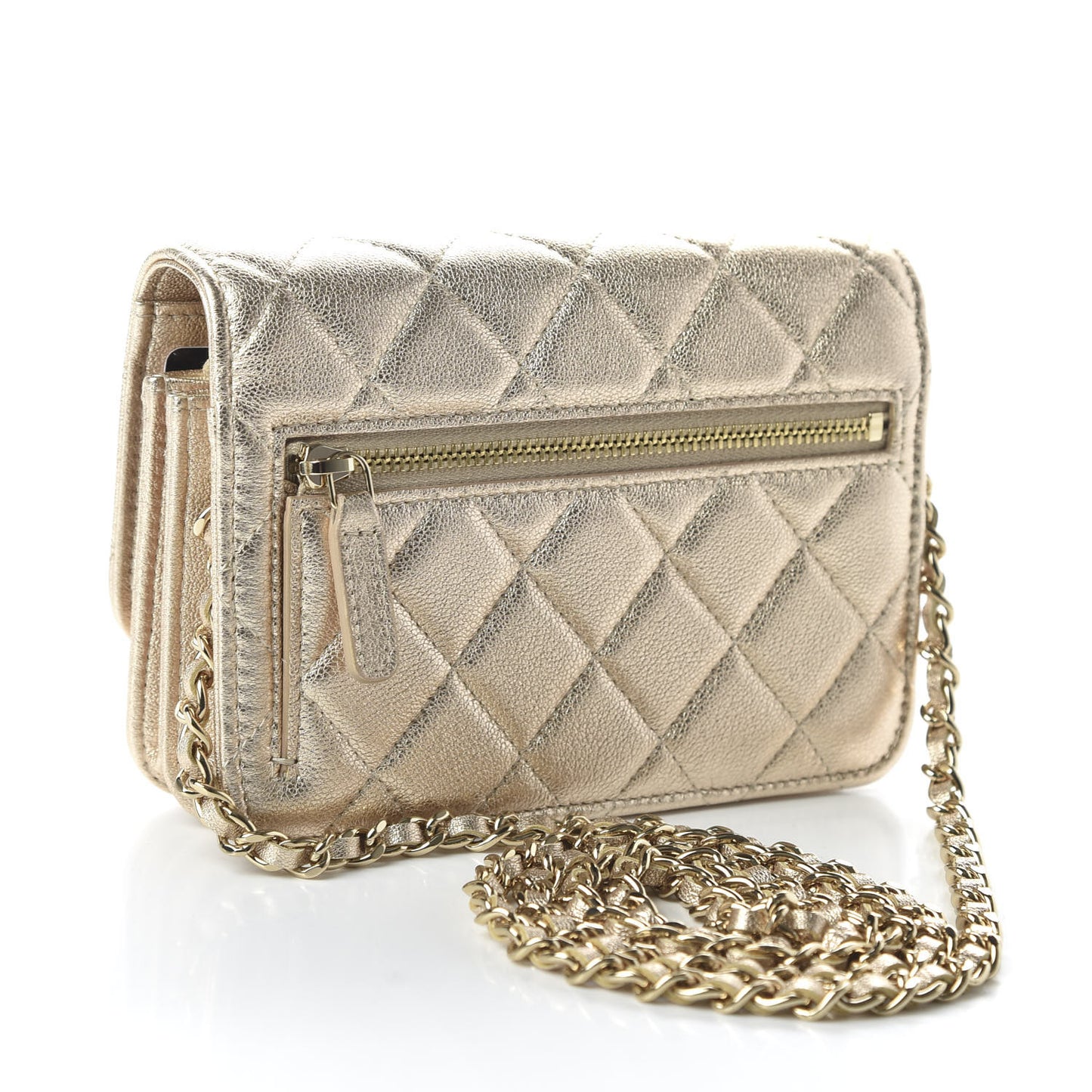 Metallic Lambskin Quilted Mini Wallet On Chain WOC Gold