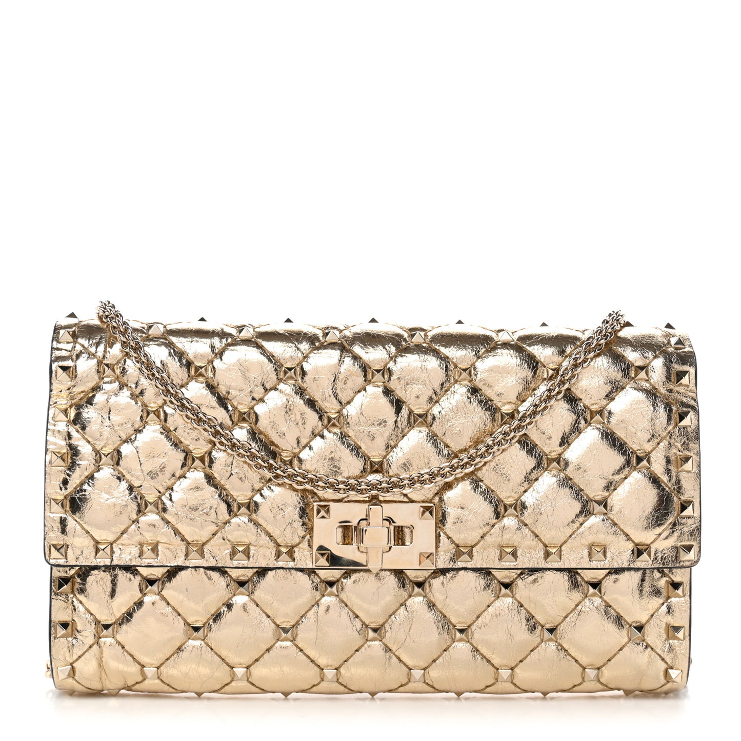 Metallic Wrinkled Lambskin Rockstud Spike Wallet on Chain Mekong