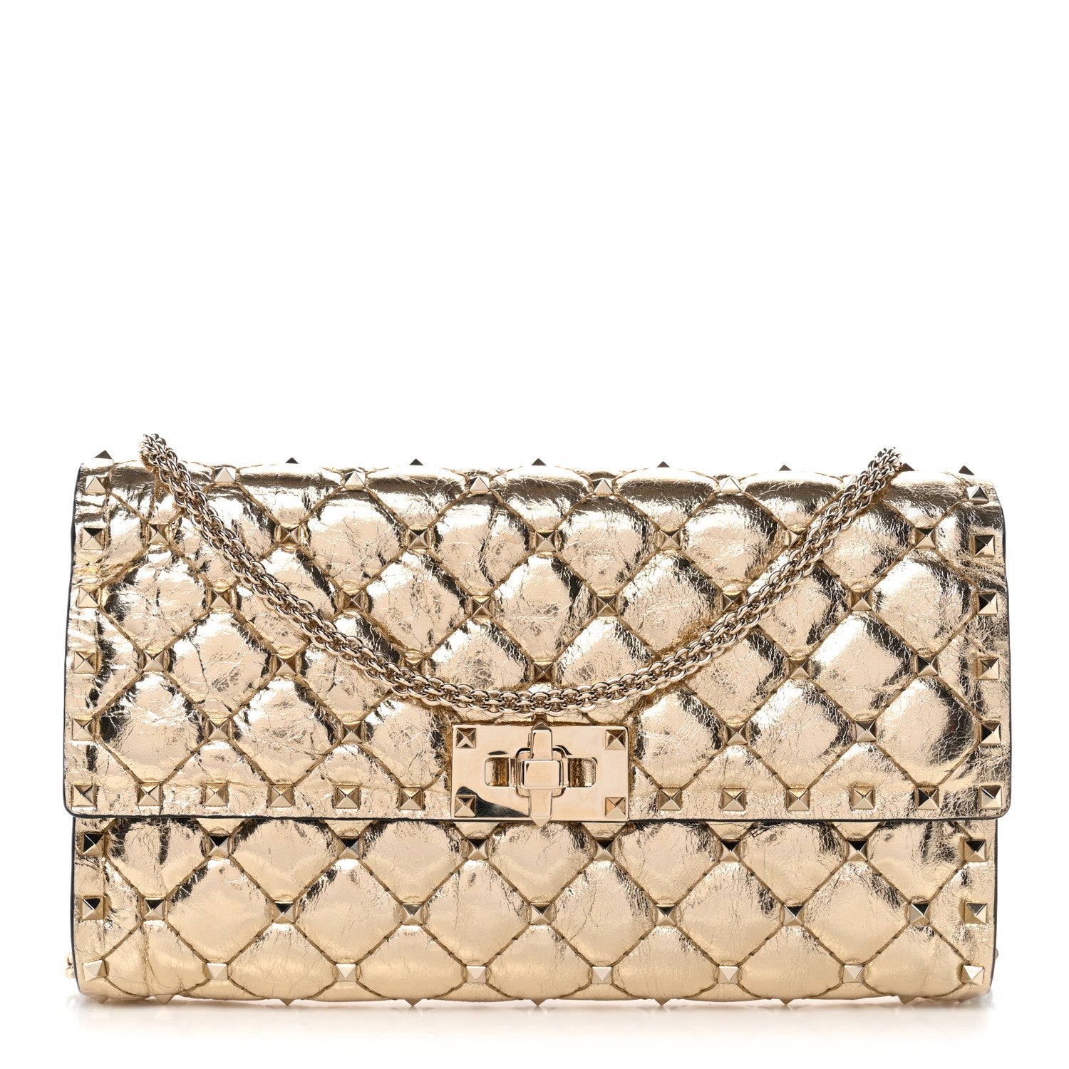 Valentino Garavani Metallic Wrinkled Lambskin Rockstud Spike Wallet on Chain Mekong 1 of 11