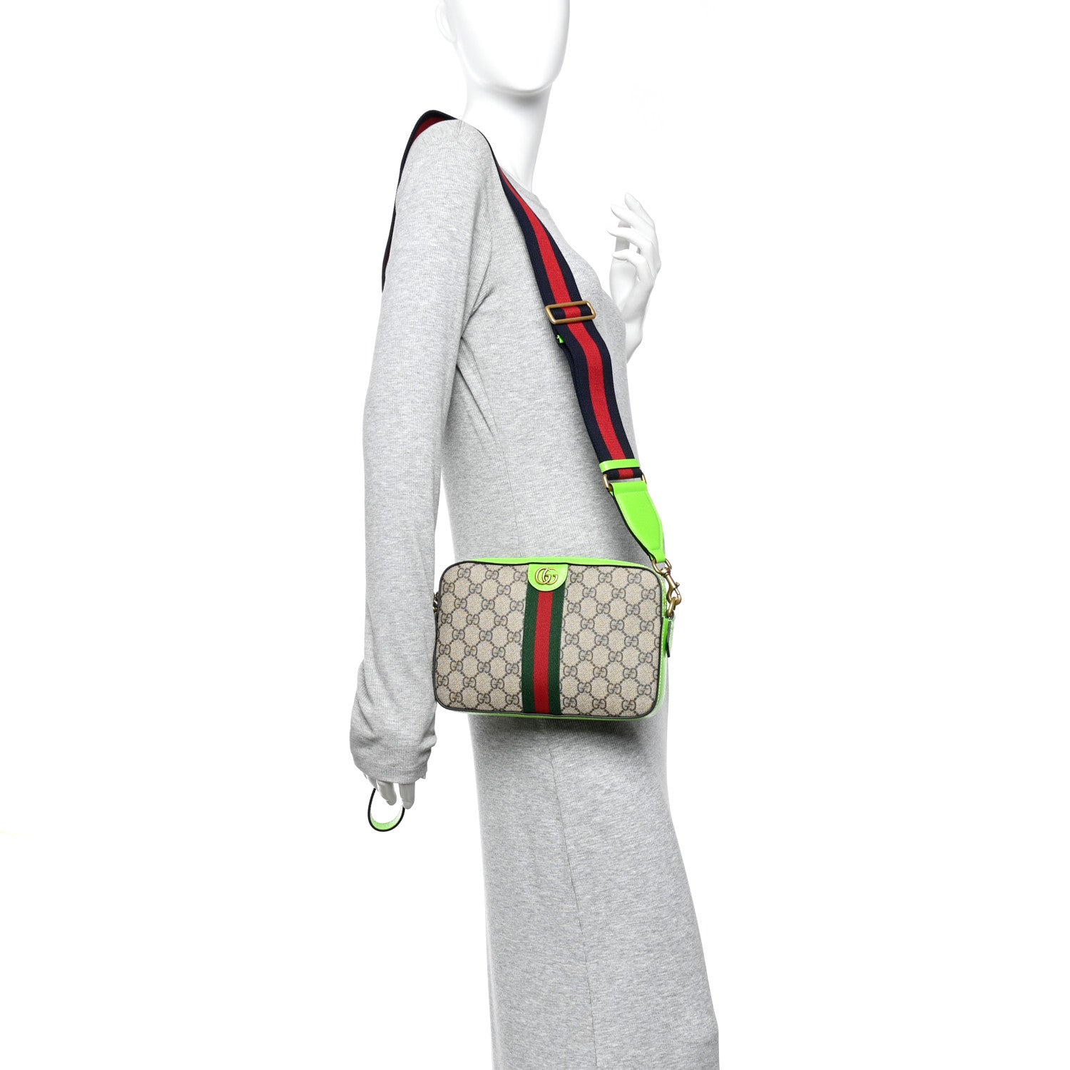 Gucci GG Supreme Monogram Textured Dollar Calfskin Web Ophidia Wristlet Shoulder Bag Beige Ebony Green 2 of 10