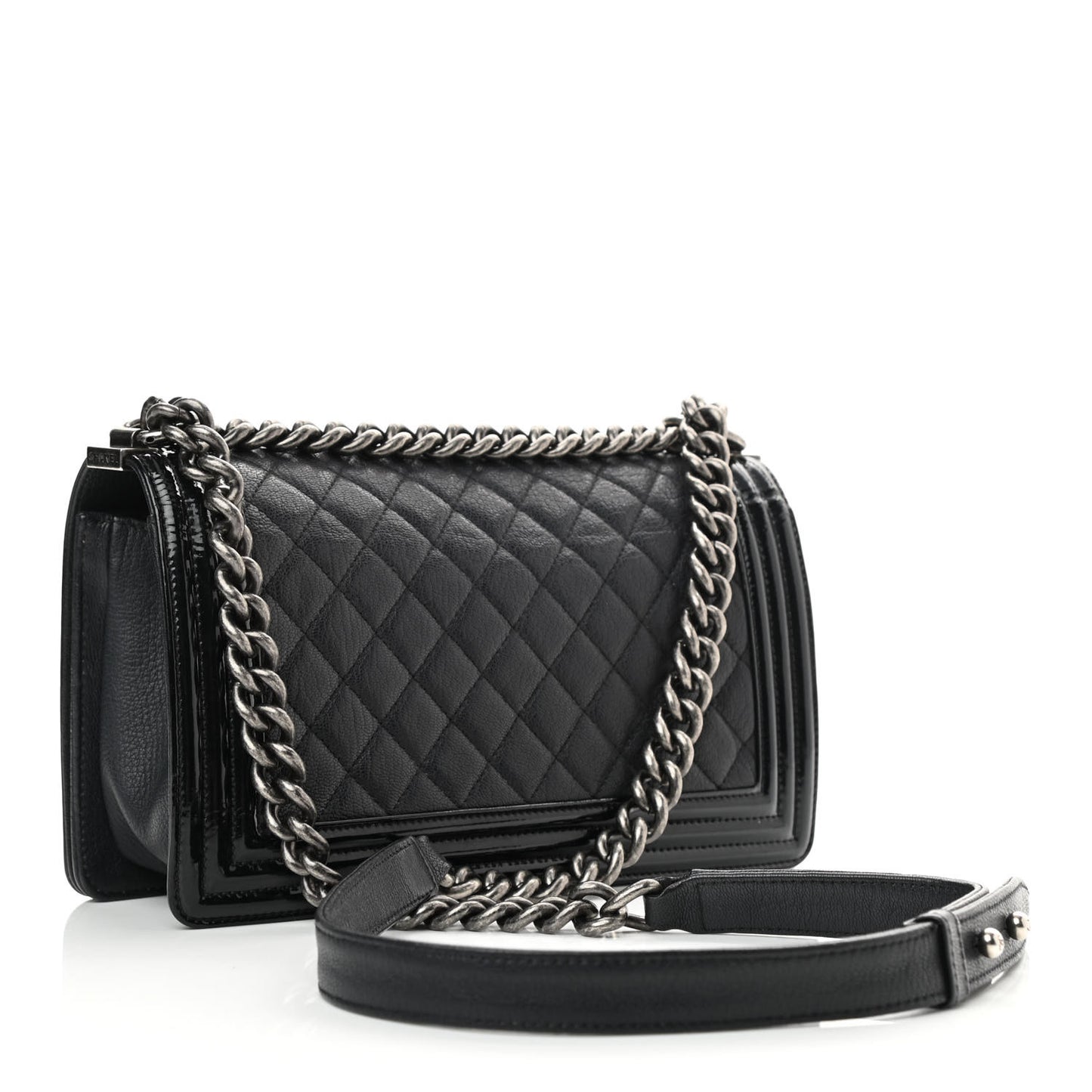 Goatskin Quilted Patent Medium Duo Boy Flap Black
