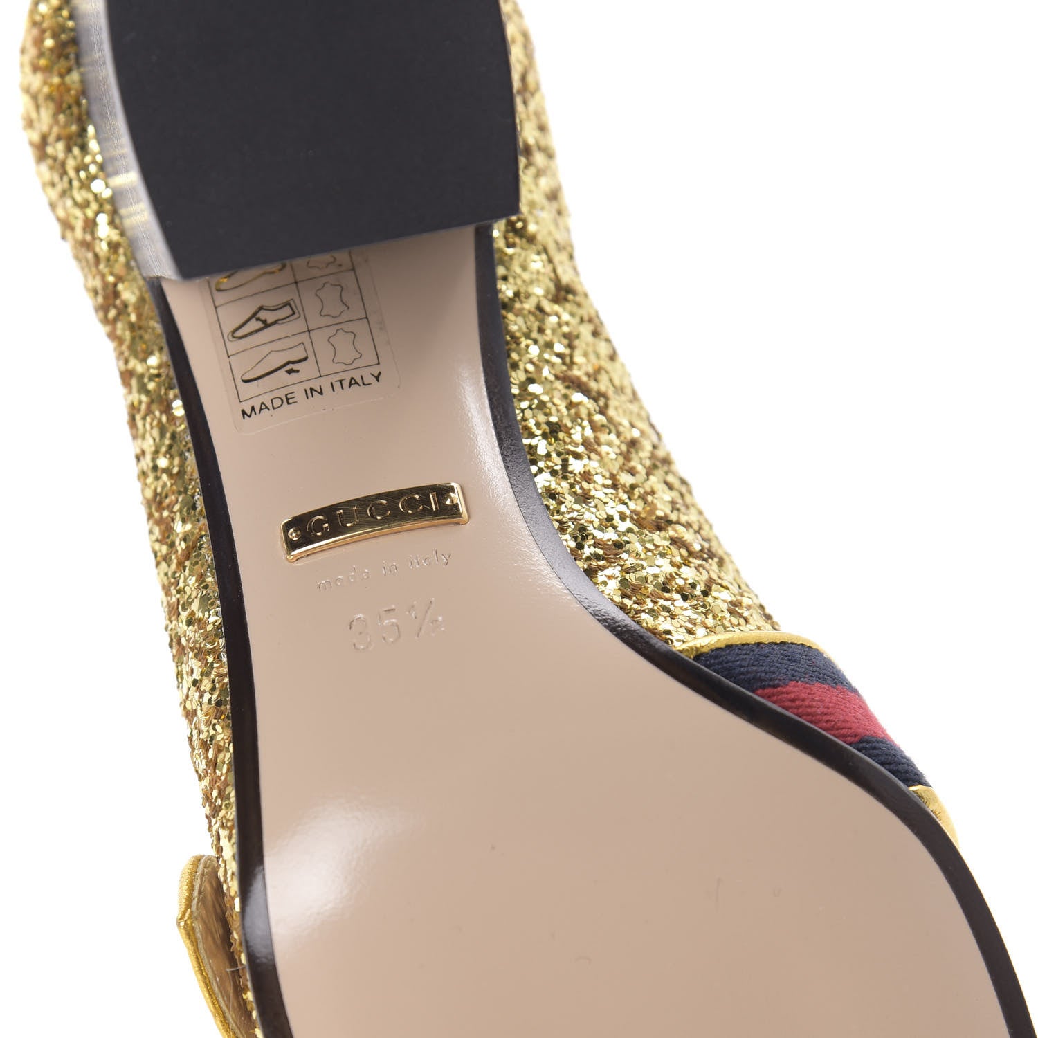 Gucci Glitter Nappa Web Peyton 75mm Loafer Pumps 35.5 Oro Vecchio 6 of 10