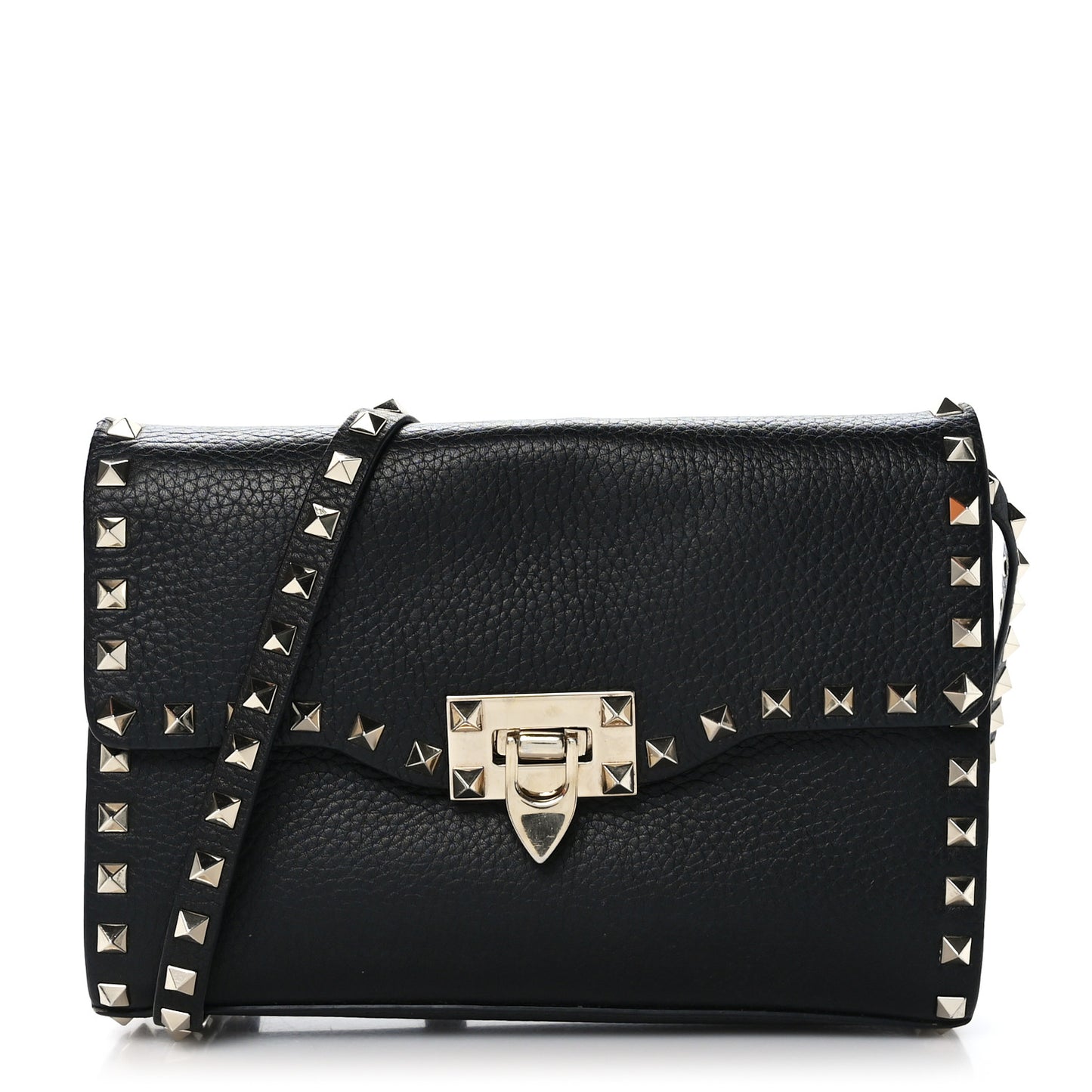 Pebbled Calfskin Medium Rockstud Flip Lock Crossbody Bag Black