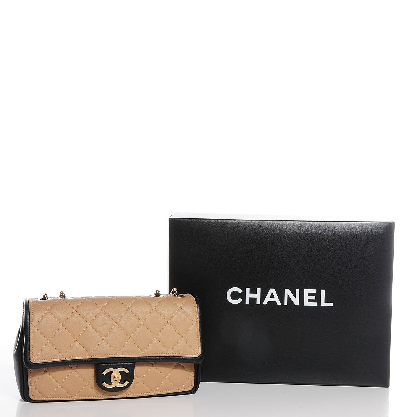Calfskin Quilted Medium Graphic Flap Beige Black