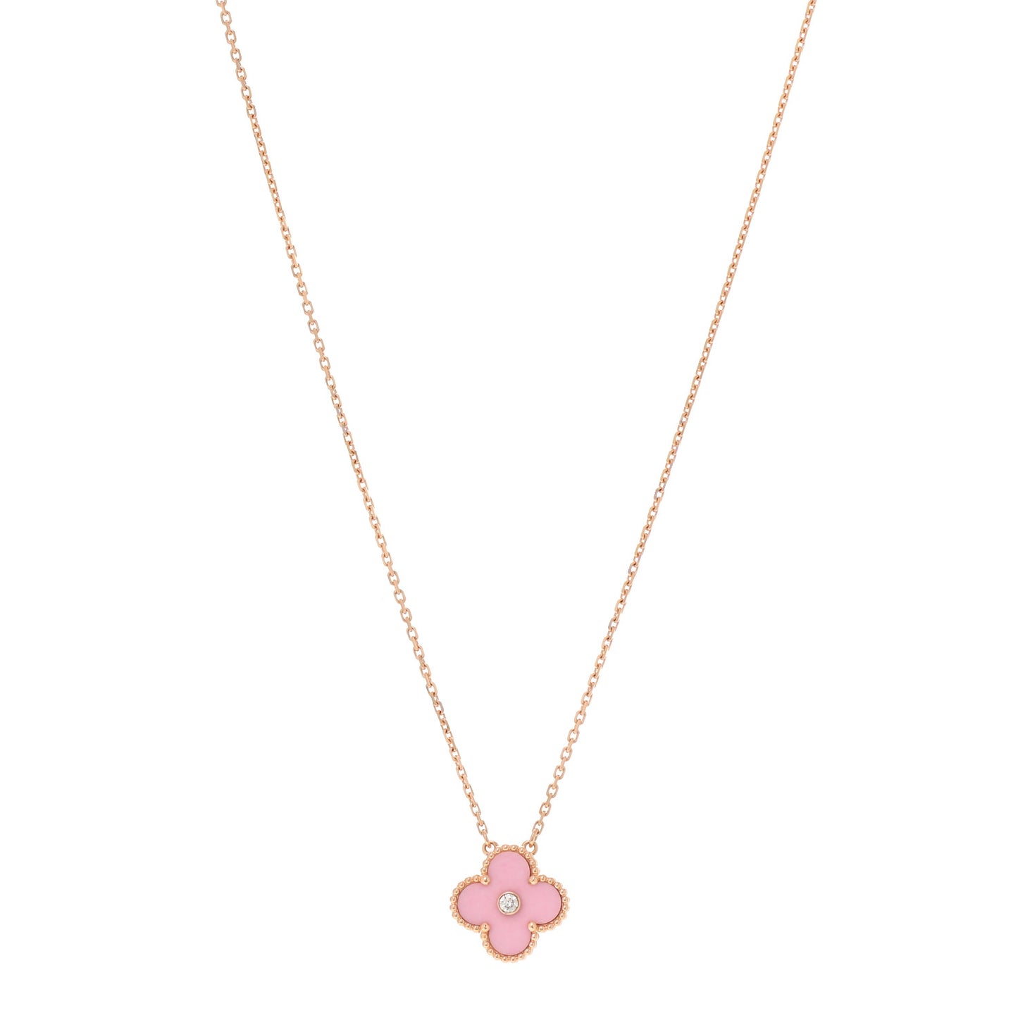 18K Rose Gold Diamond Pink Porcelain Vintage Alhambra Pendant Necklace