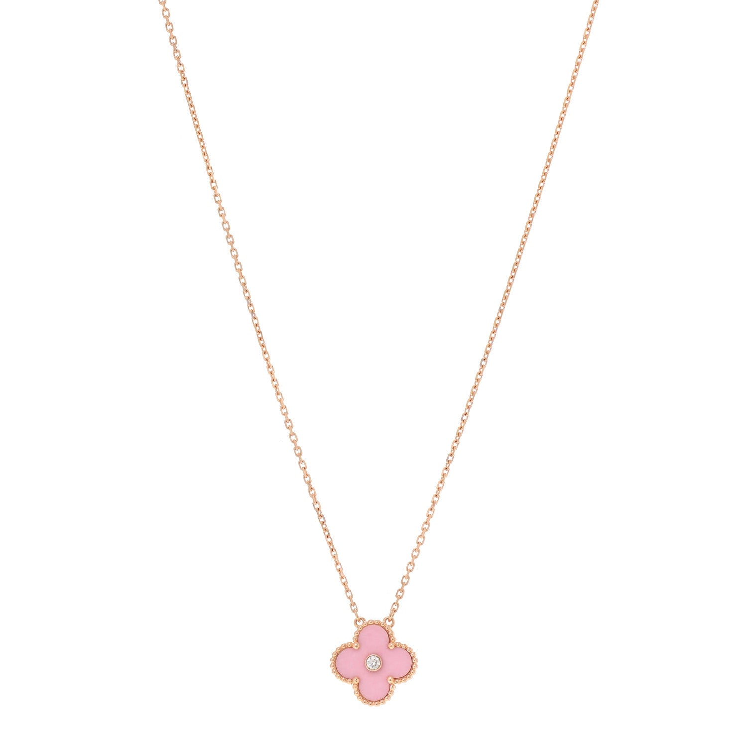 Van Cleef & Arpels 18K Rose Gold Diamond Pink Porcelain Vintage Alhambra Pendant Necklace 1 of 7