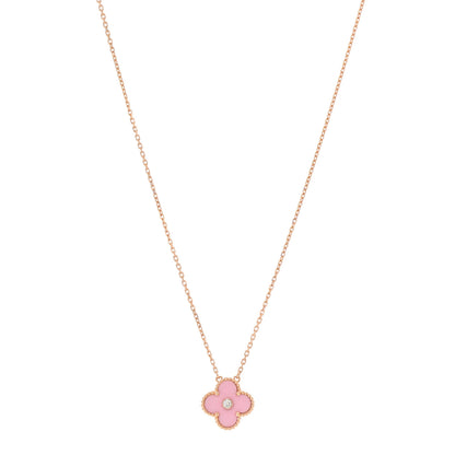 Van Cleef & Arpels 18K Rose Gold Diamond Pink Porcelain Vintage Alhambra Pendant Necklace 1 of 7