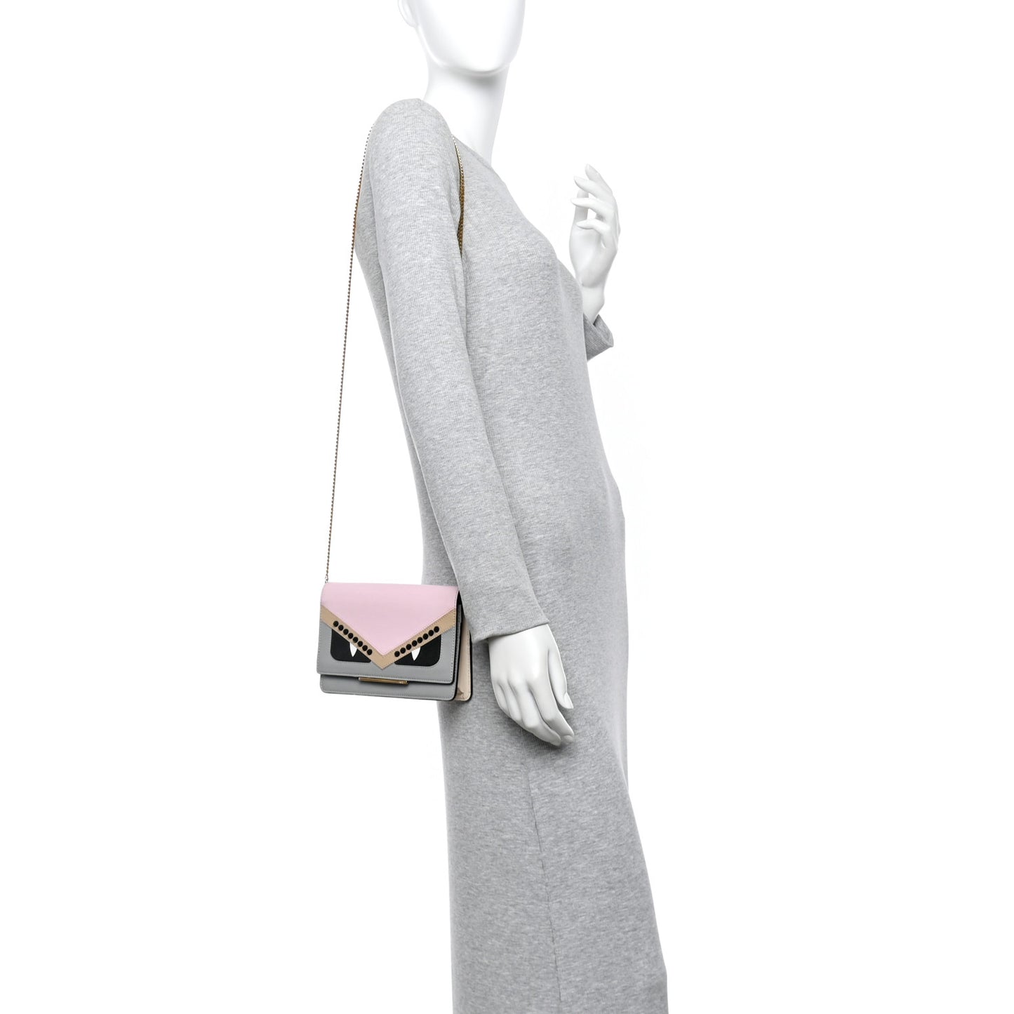 Vitello Elite Monster Eyes Studded Tube Wallet on Chain Grey Powder Cuoio Bubblegum