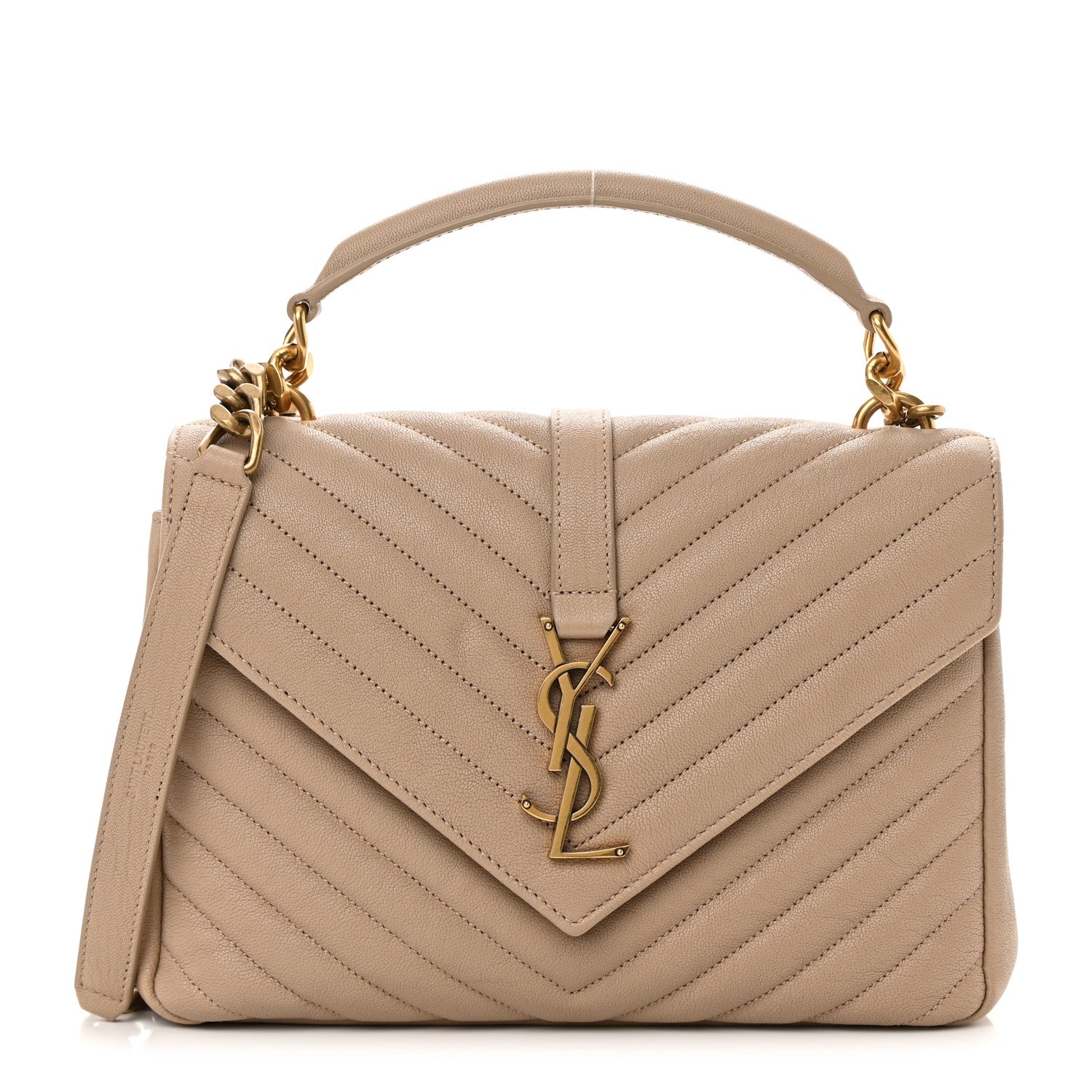 Saint Laurent Sheepskin Matelasse Chevron Monogram Medium College Bag Dark Beige 1 of 14
