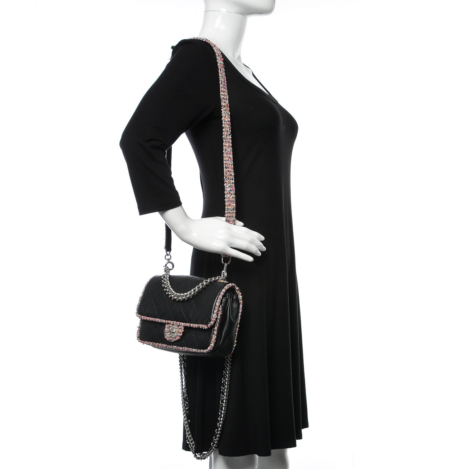 Chanel Lambskin Tweed Quilted Elegant Trim Flap Black 2 of 12