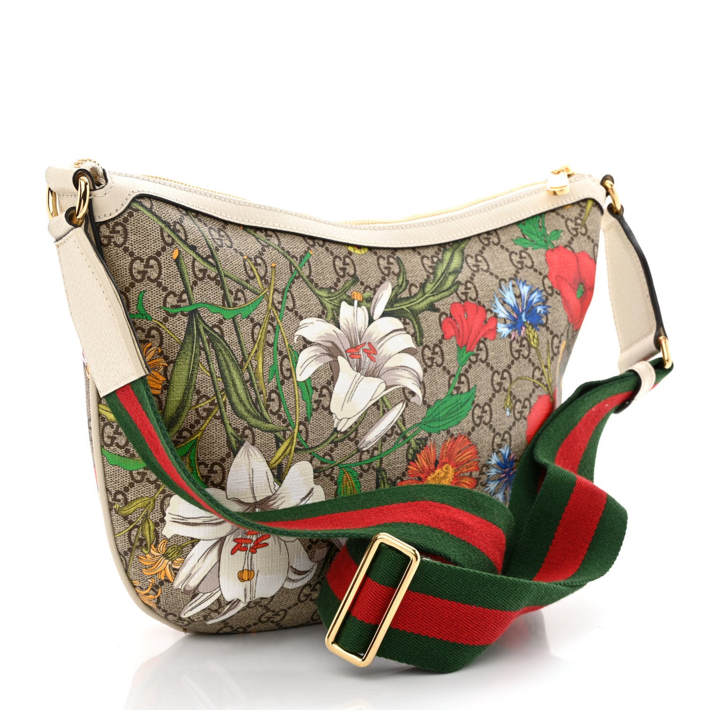 GG Supreme Monogram Flora Web Small Ophidia Half Moon Hobo White