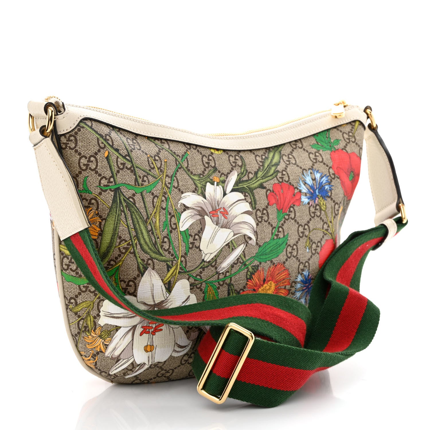 Gucci GG Supreme Monogram Flora Web Small Ophidia Half Moon Hobo White 3 of 12
