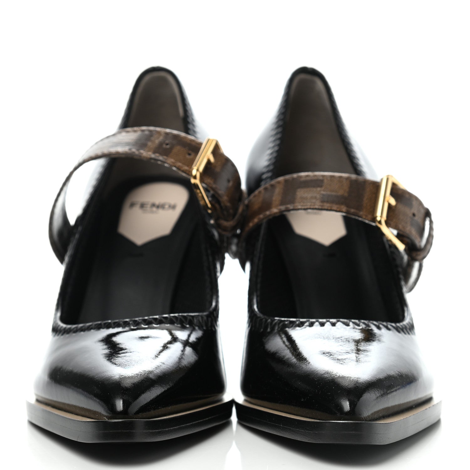 Fendi Glossy Neoprene Glazed Fabric FF FFrame Court Mary Jane Pumps 35 Black Tobacco Moro 2 of 7