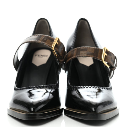 Fendi Glossy Neoprene Glazed Fabric FF FFrame Court Mary Jane Pumps 35 Black Tobacco Moro 2 of 7