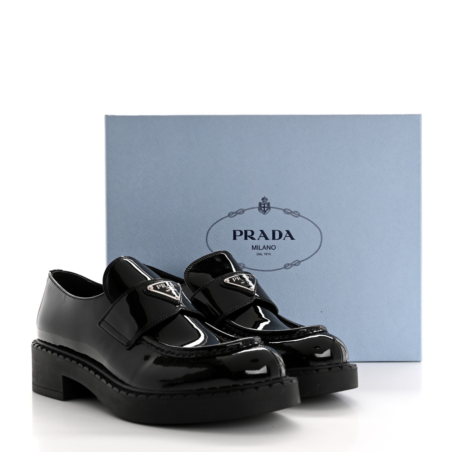 Prada Vernice Metal Triangle Logo 50mm Loafers 39.5 Black 10 of 10