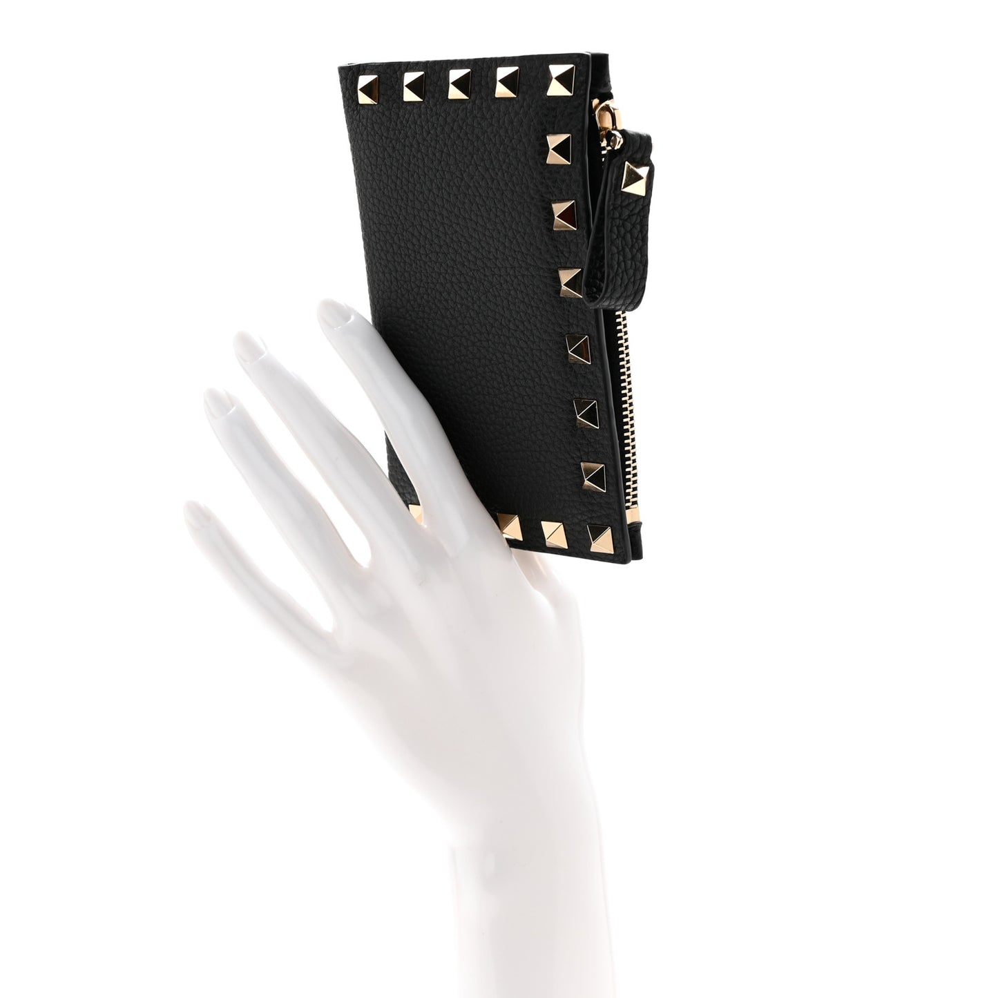 Pebbled Calfskin Rockstud Coin Case Card Holder Black