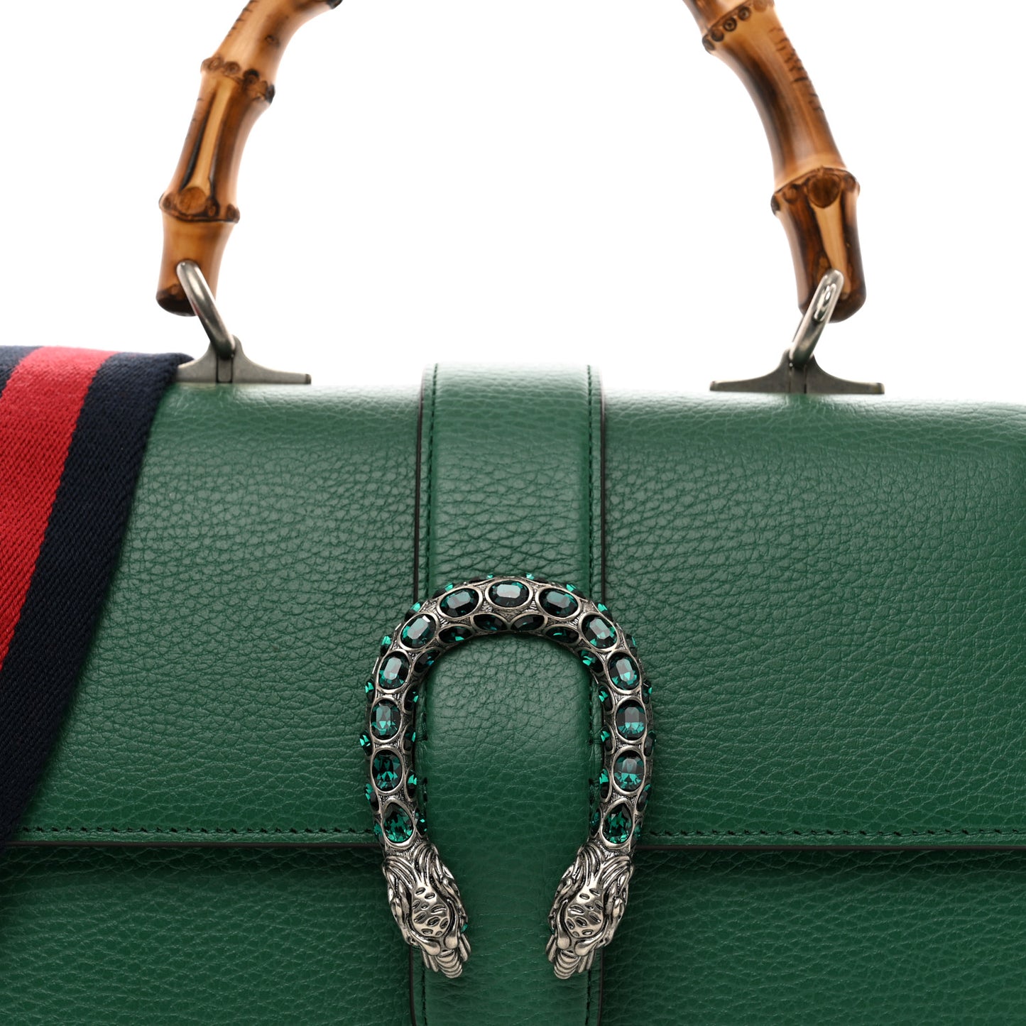 Dollar Calfskin Crystal Web Medium Dionysus Bamboo Top Handle Bag Emerald