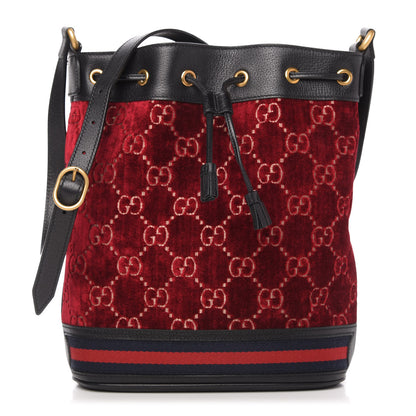 Gucci Velvet GG Monogram Textured Calfskin Web Bucket Bag Red Cipria Black 1 of 10