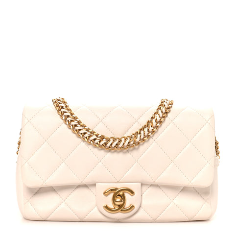 Lambskin Quilted Small CC Crystal Logo Chain Flap White