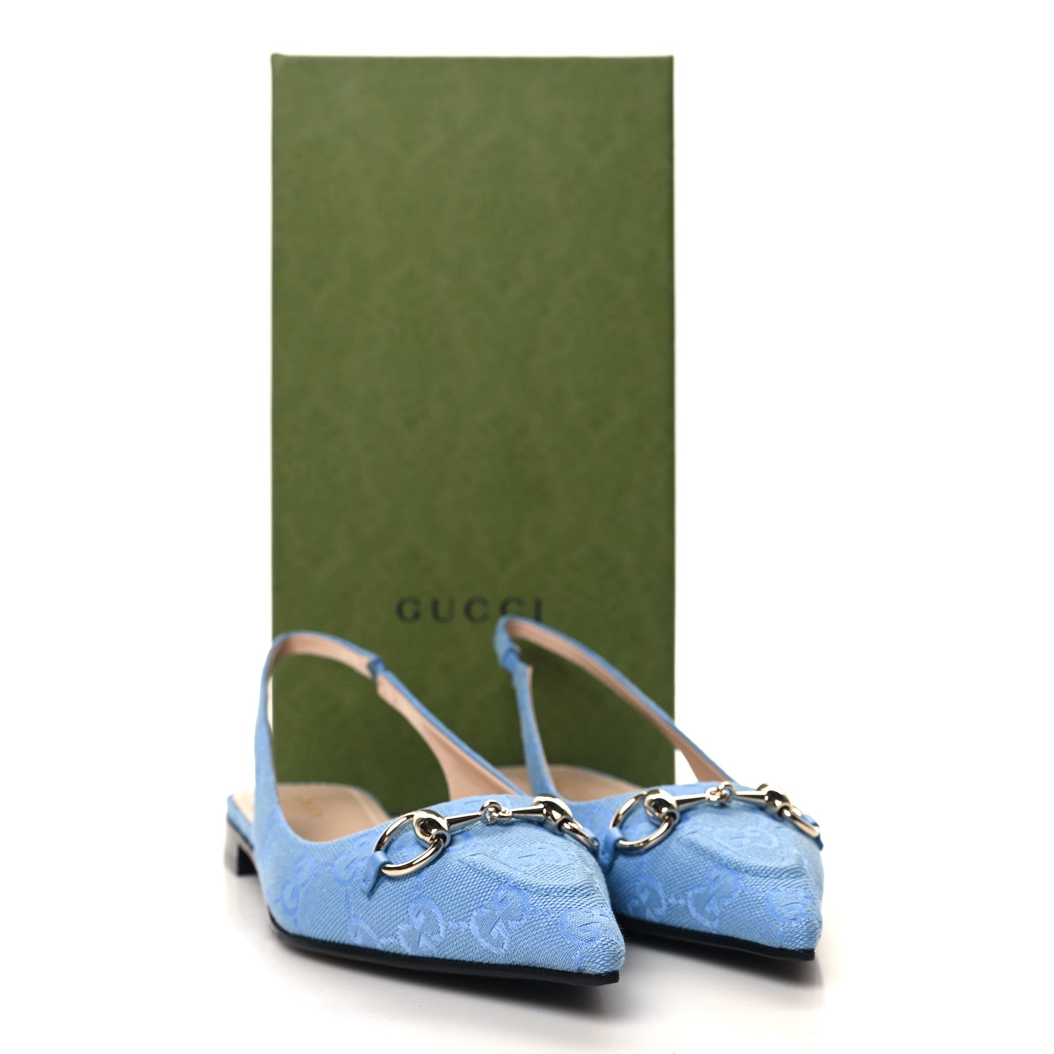 Gucci Canvas GG Monogram Horsebit Womens Slingback Ballet Flat 37.5 Light Blue 9 of 9