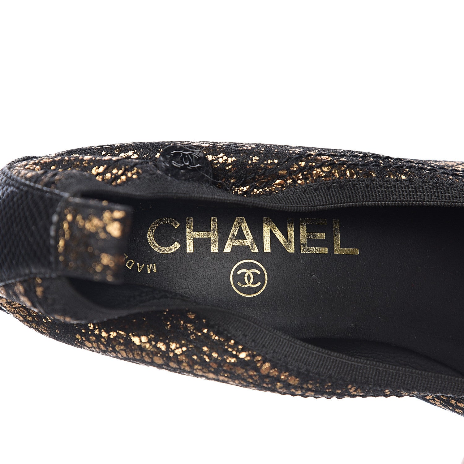 Chanel Metallic Fabric Elastic Cap Toe Pumps 37 Black Gold 5 of 8