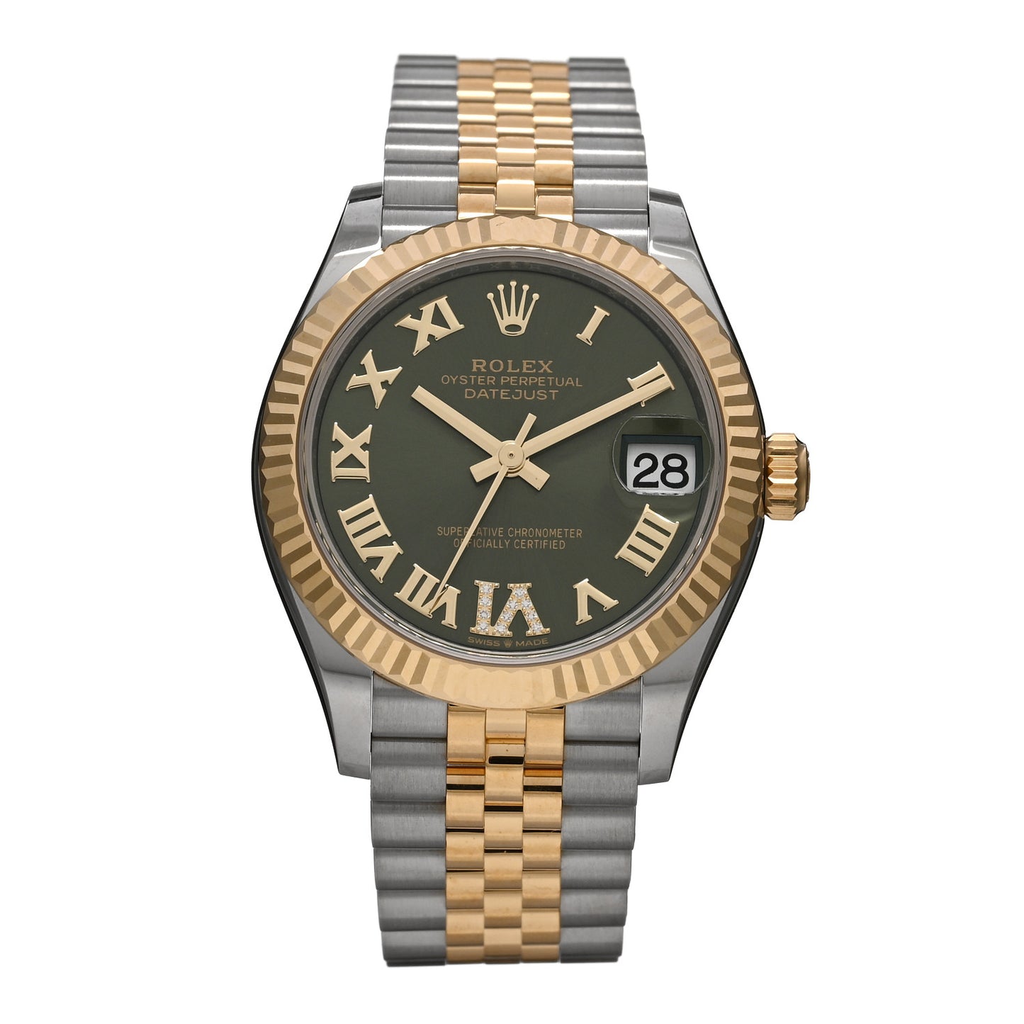 Stainless Steel 18K Yellow Gold Diamond 31mm Oyster Perpetual Datejust Watch Olive Green Roman 278273