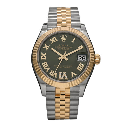 Rolex Stainless Steel 18K Yellow Gold Diamond 31mm Oyster Perpetual Datejust Watch Olive Green Roman 278273 1 of 5