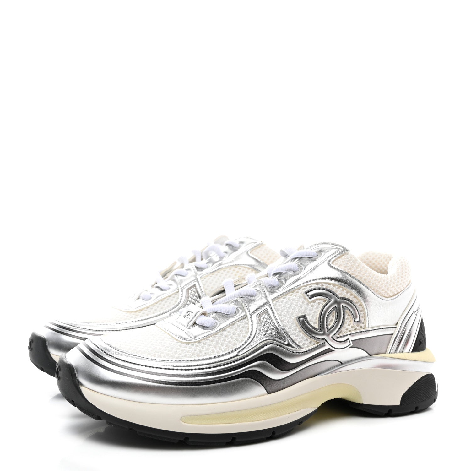 Chanel Fabric Laminated Calfskin Stretch CC Womens Sneakers 38.5 White Silver 3 of 9