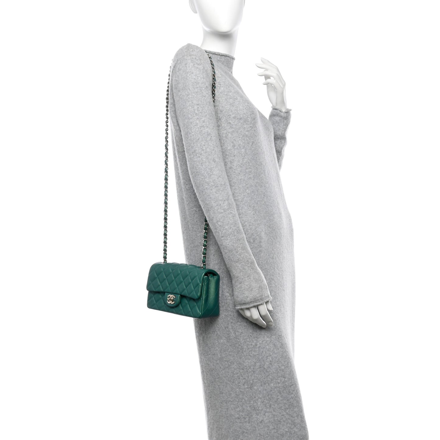 Iridescent Calfskin Quilted Mini Rectangular Flap Green