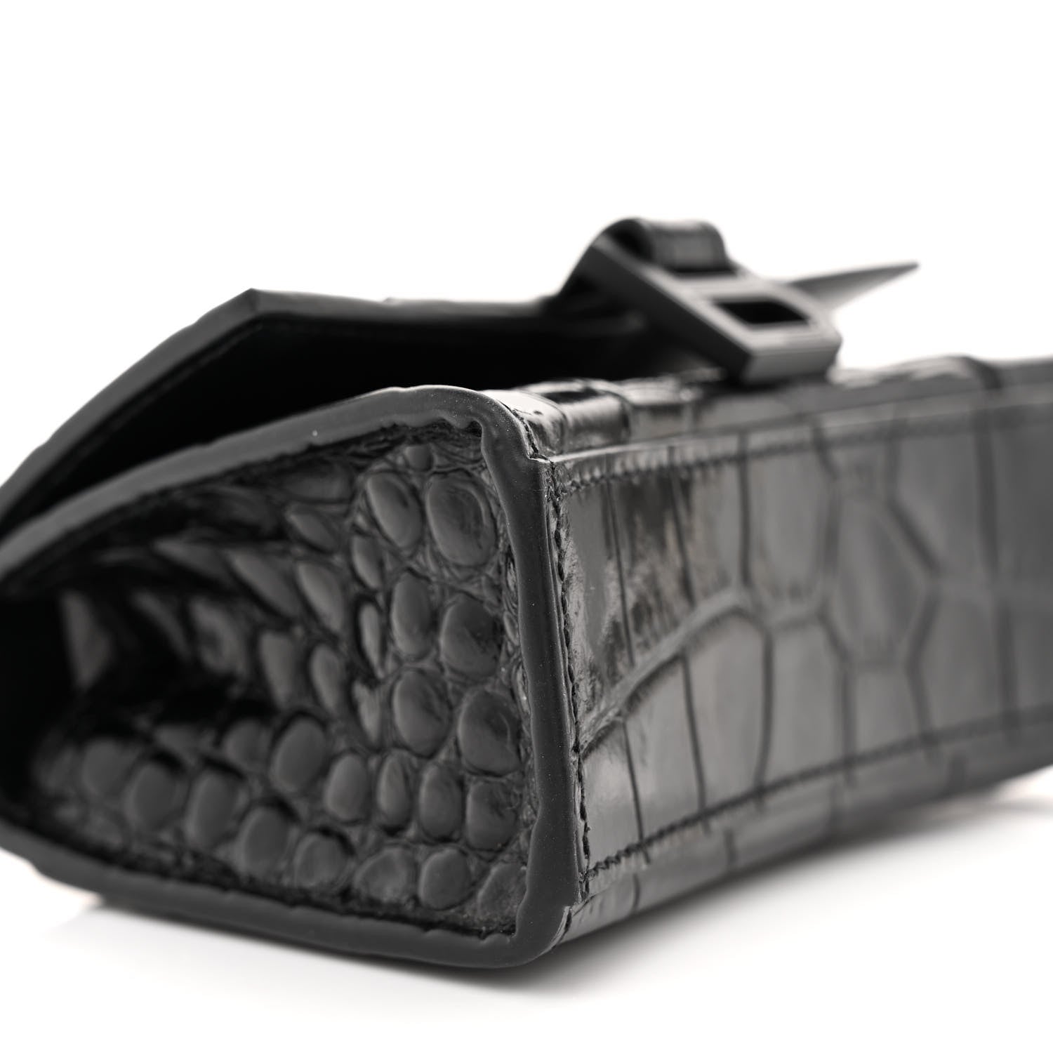Balenciaga Shiny Calfskin Monochrome Crocodile Embossed Hourglass Top Handle Bag Mini with Chain Black 8 of 9