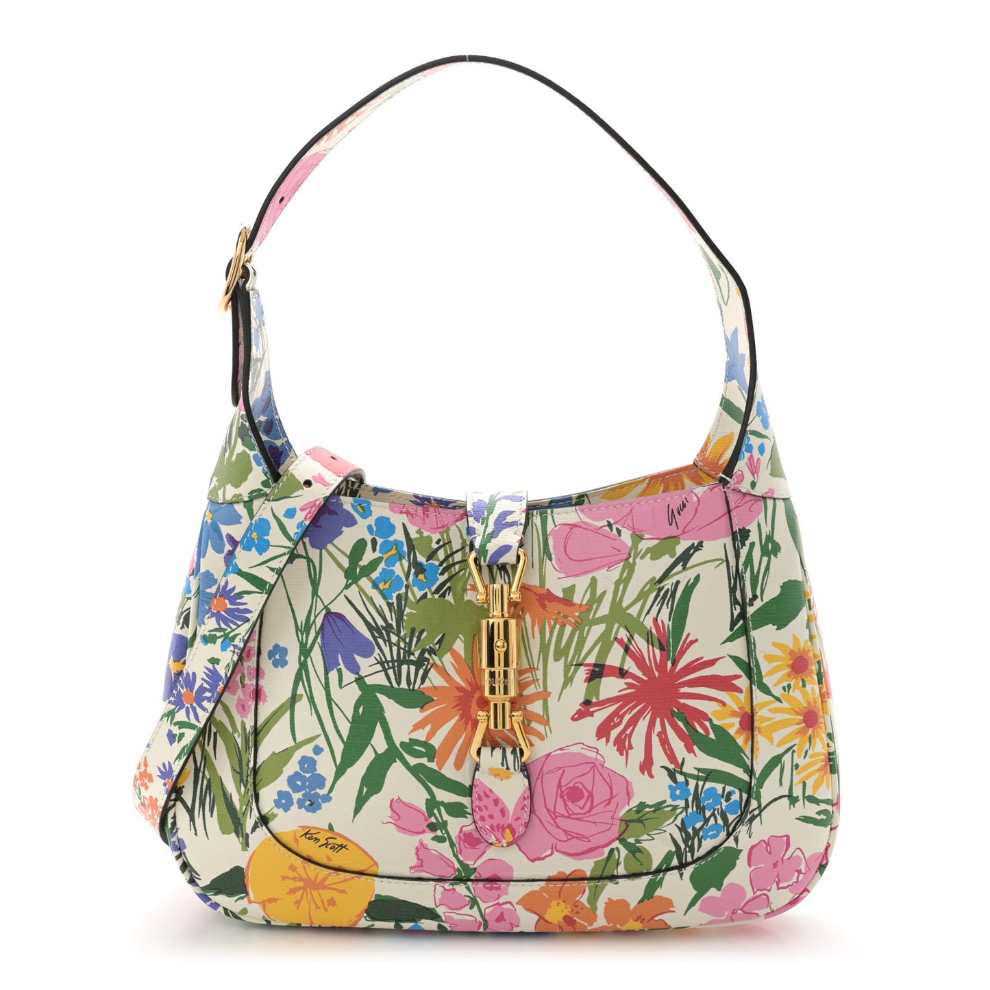 X KEN SCOTT New Shangai Calfskin Jardin D'Avril Floral Print Small Jackie 1961 Hobo Ivory Pink