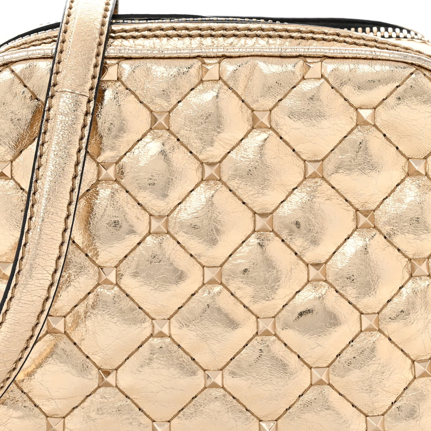 Valentino Garavani Metallic Wrinkled Lambskin Rockstud Spike Double Zip Camera Crossbody Bag Mekong 8 of 11