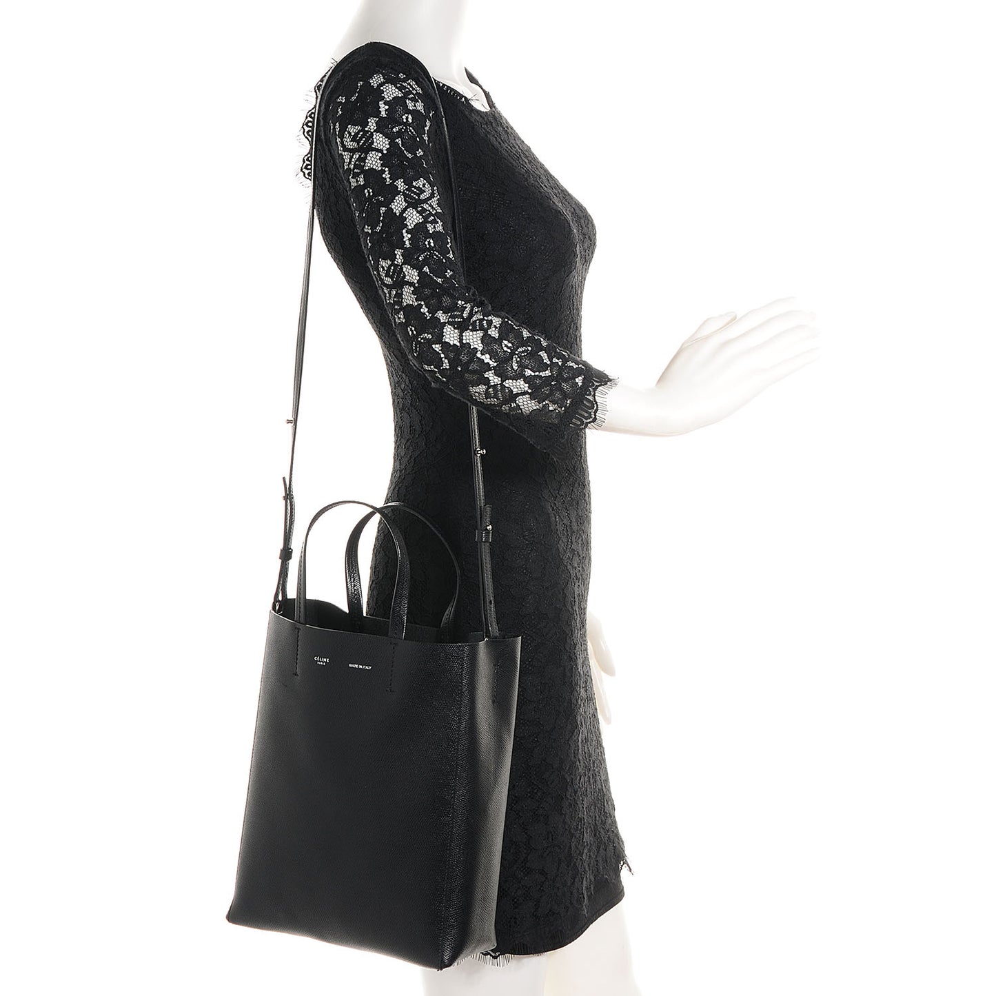 Grained Calfskin Small Vertical Cabas Black