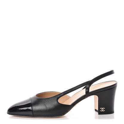 Chanel Lambskin Patent Cap Toe CC Slingback Sandals 38.5 Black 1 of 14