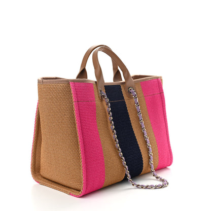 Chanel Straw Raffia Calfskin Striped Medium Deauville Tote Dark Beige Fuchsia Navy Blue 3 of 9