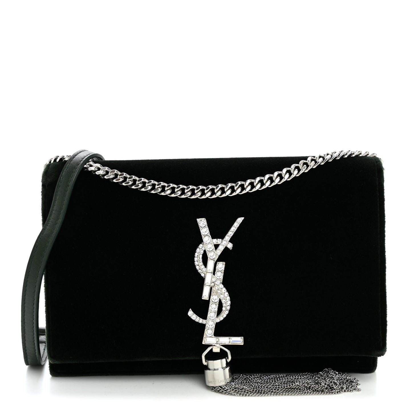 Velvet Crystal Monogram Kate Tassel Chain Wallet Dark Green