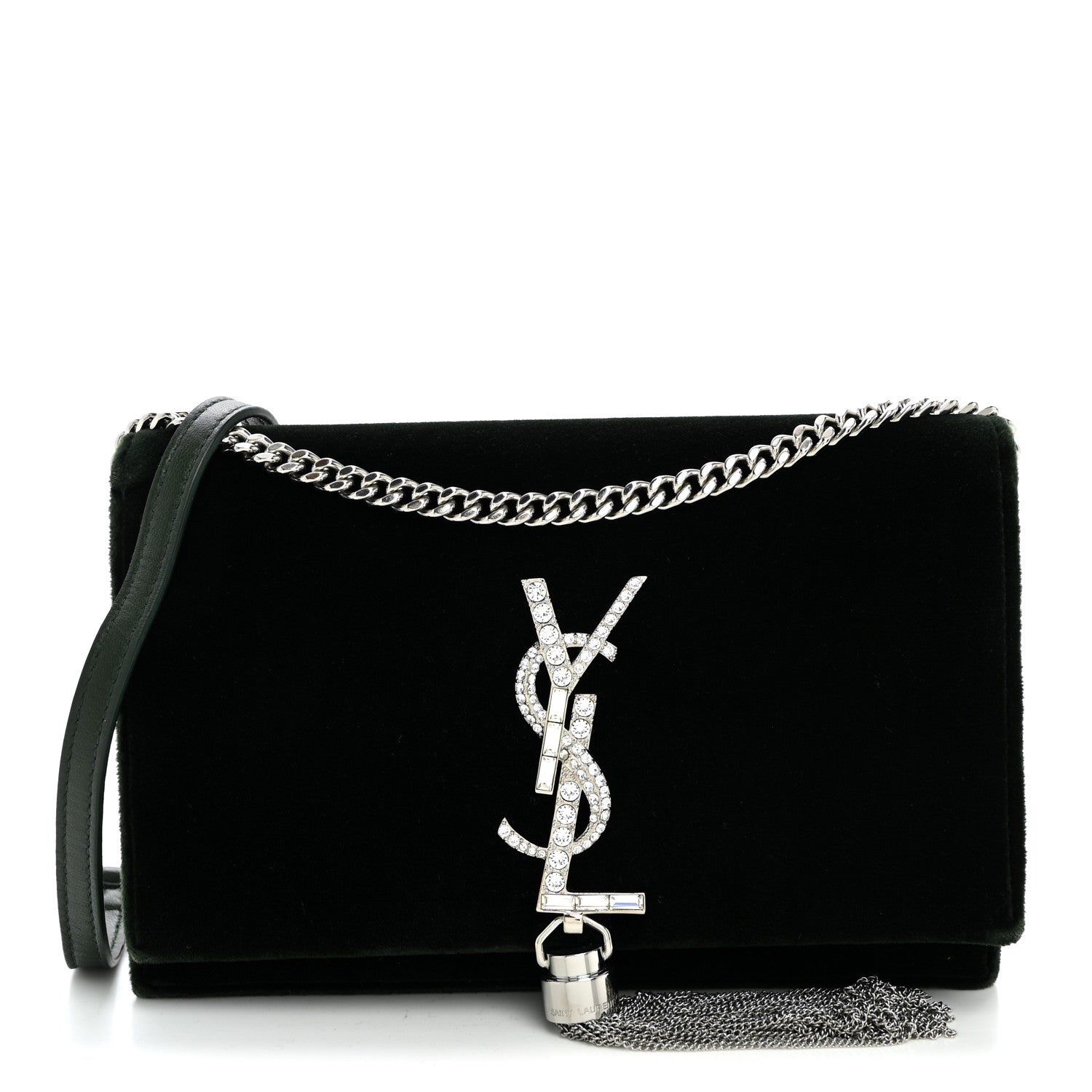 Saint Laurent Velvet Crystal Monogram Kate Tassel Chain Wallet Dark Green 1 of 9