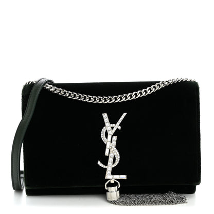 Saint Laurent Velvet Crystal Monogram Kate Tassel Chain Wallet Dark Green 1 of 9