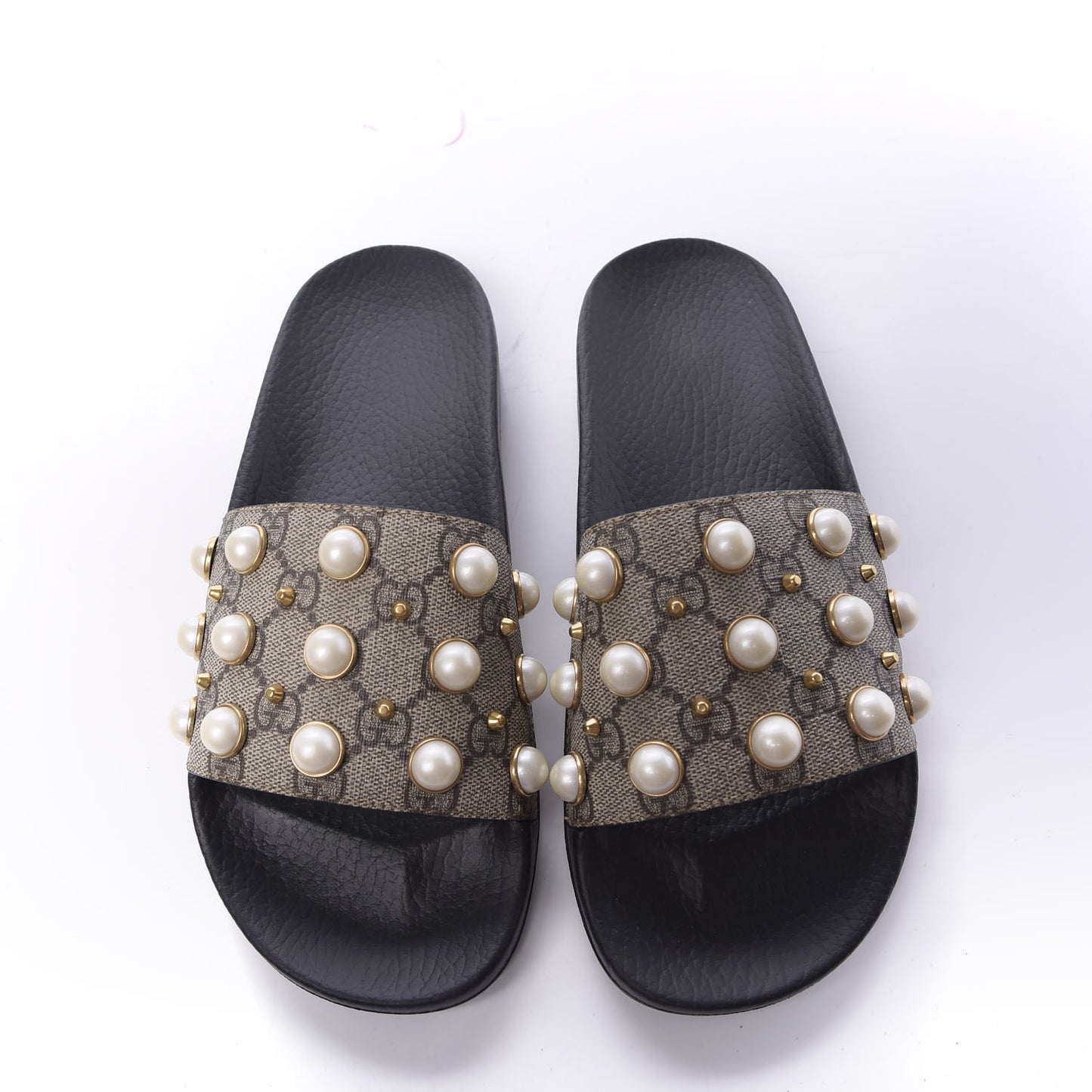 GG Supreme Monogram Slide Pearls Sandals 39 Beige