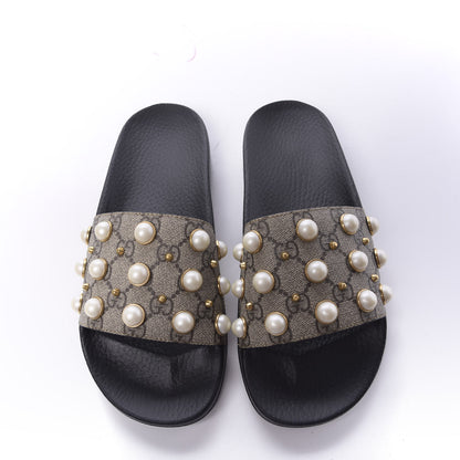 Gucci GG Supreme Monogram Slide Pearls Sandals 39 Beige 5 of 8