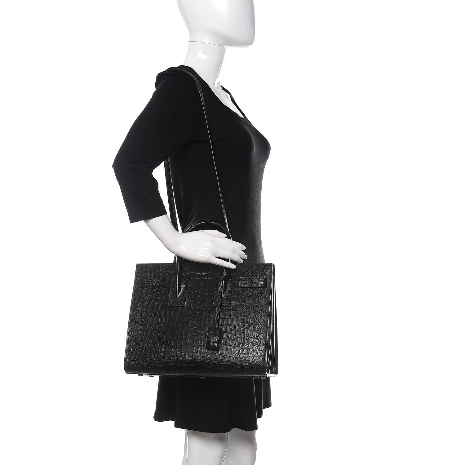 Saint Laurent Calfskin Crocodile Embossed Small Sac de Jour Black 2 of 10