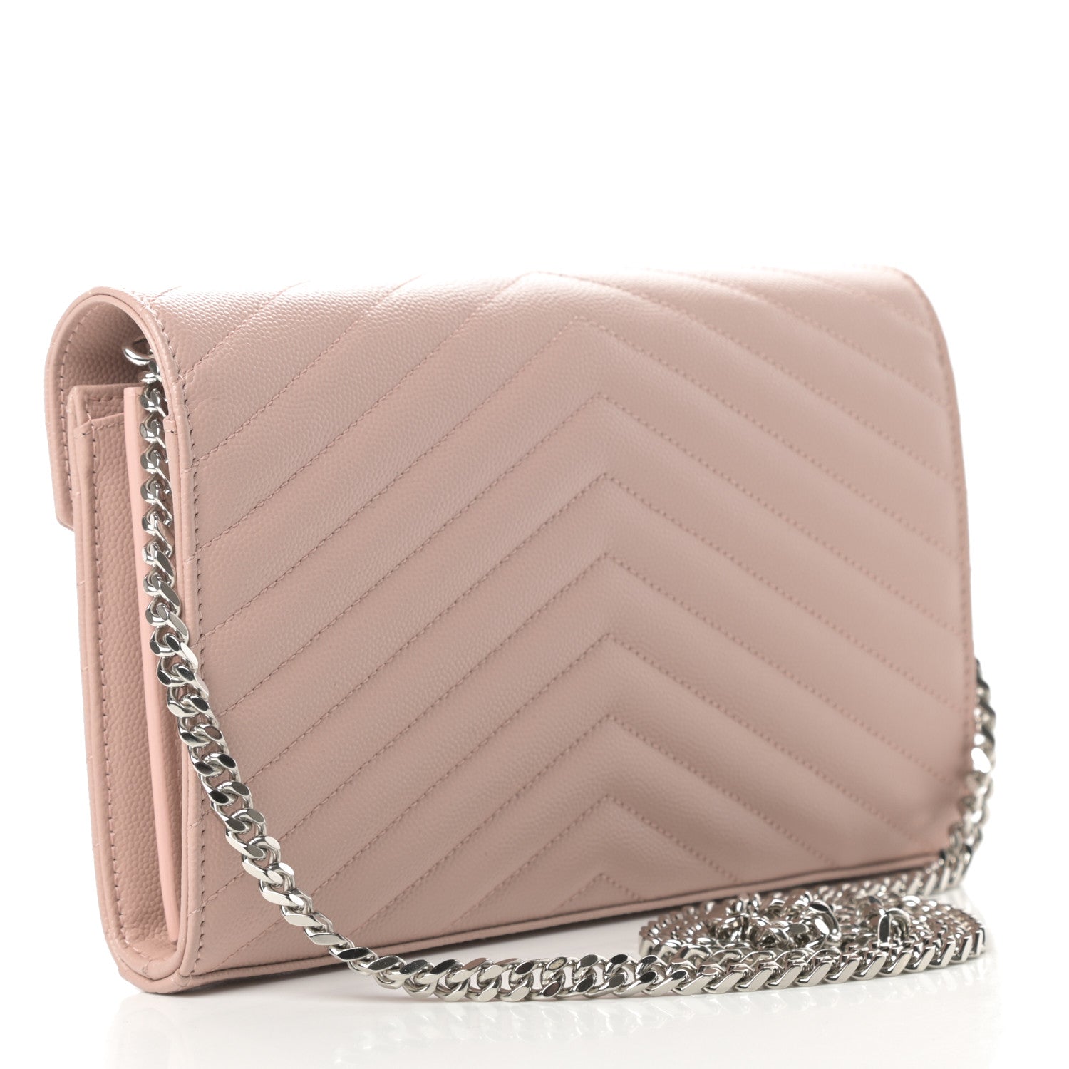 Saint Laurent Grain De Poudre Matelasse Chevron Monogram Chain Wallet Pale Pink 3 of 10