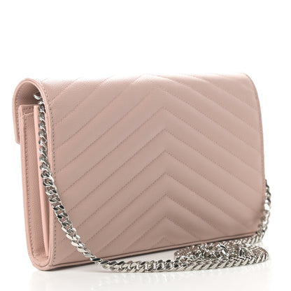Saint Laurent Grain De Poudre Matelasse Chevron Monogram Chain Wallet Pale Pink 3 of 10
