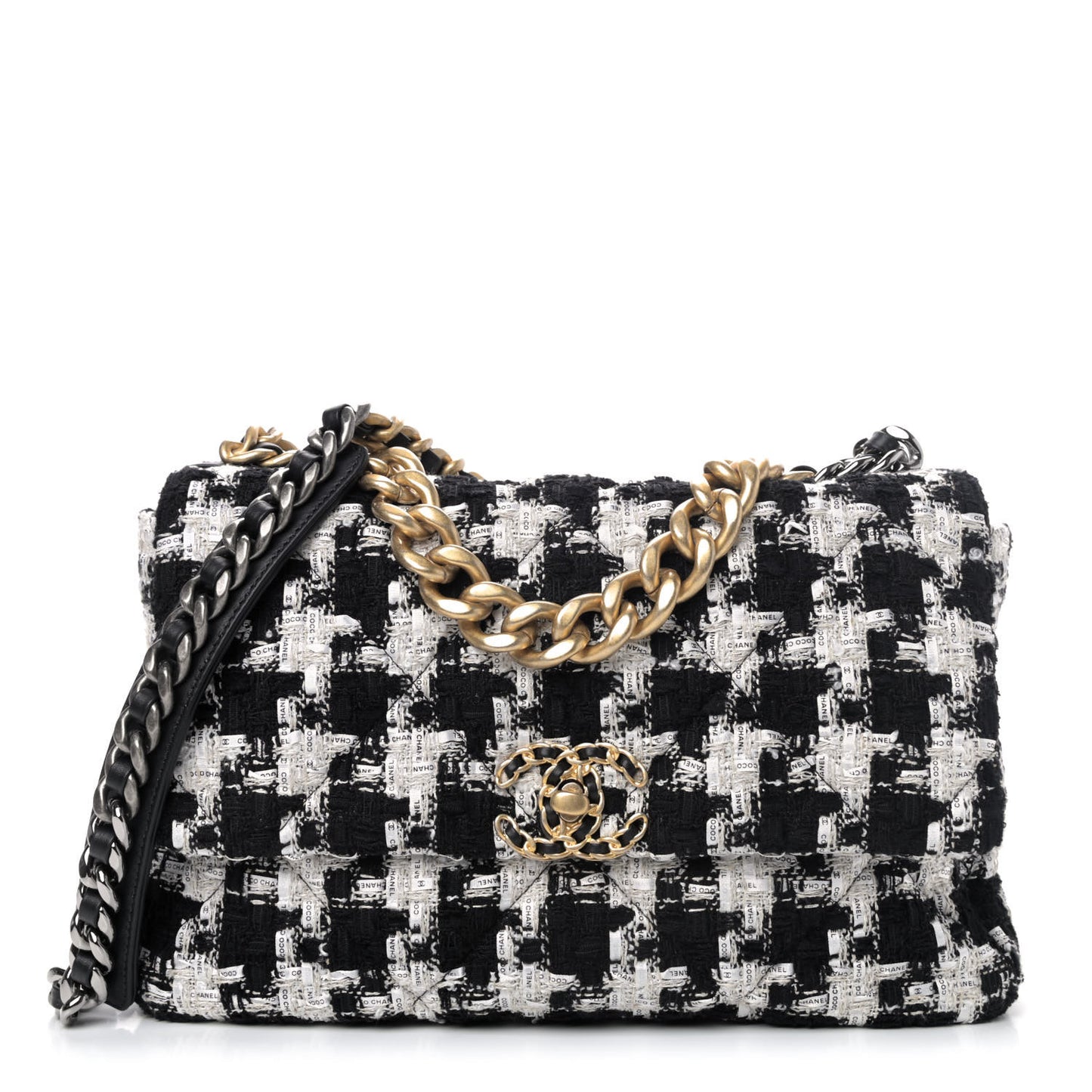 Tweed Quilted Large Chanel 19 Flap Black Ecru White