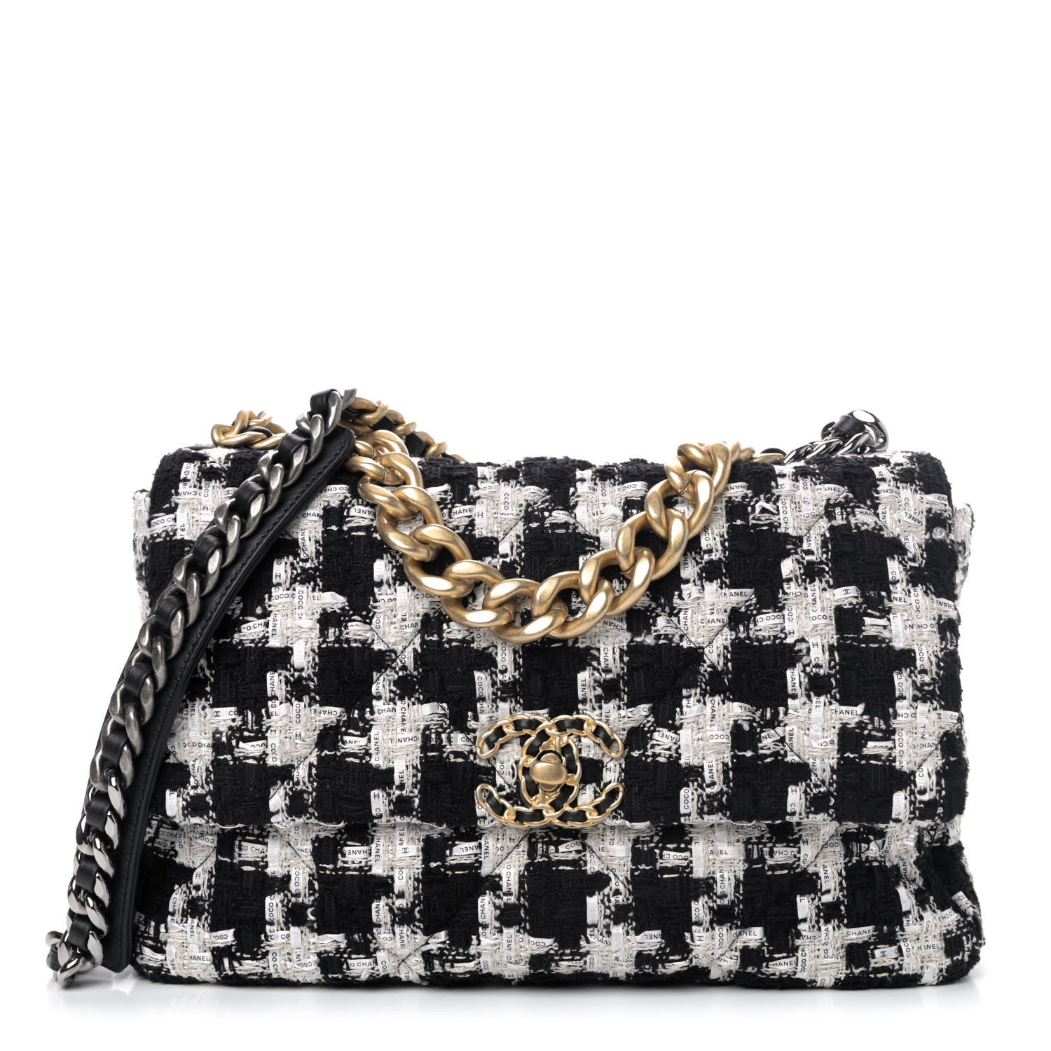 Chanel Tweed Quilted Large Chanel 19 Flap Black Ecru White 1 of 4