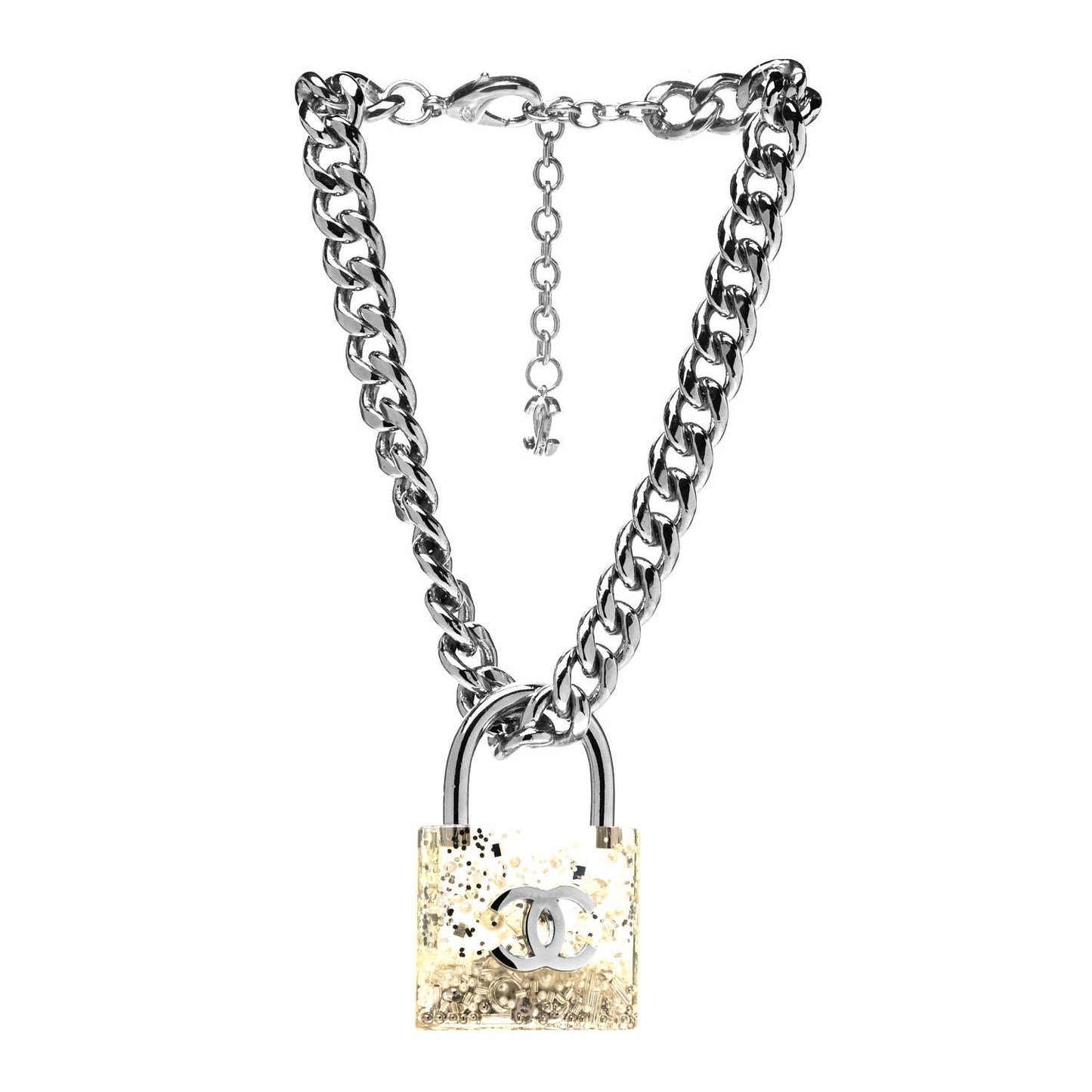 Resin CC Oversized Padlock Chain Necklace Silver Pearly White